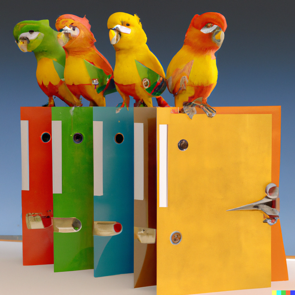 DALL·E 2023 01 04 22.35.04 A 3D Render Of A Green And Yellow Conure, A Red Conure, An Orange Conure And A Green, Yellow And Grey Conure, Standing On A Perch, Next To A Document